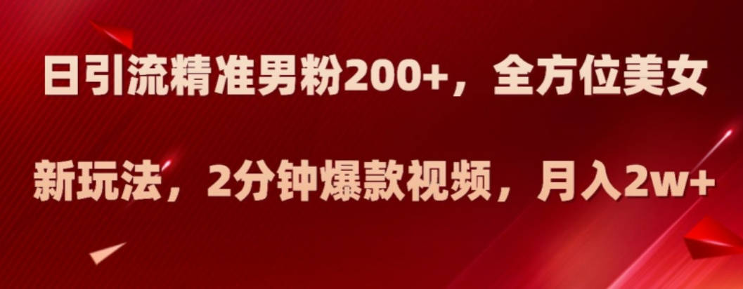 日引流精准男粉200+，全方位美女新玩法，2分钟爆款视频，月入2w+