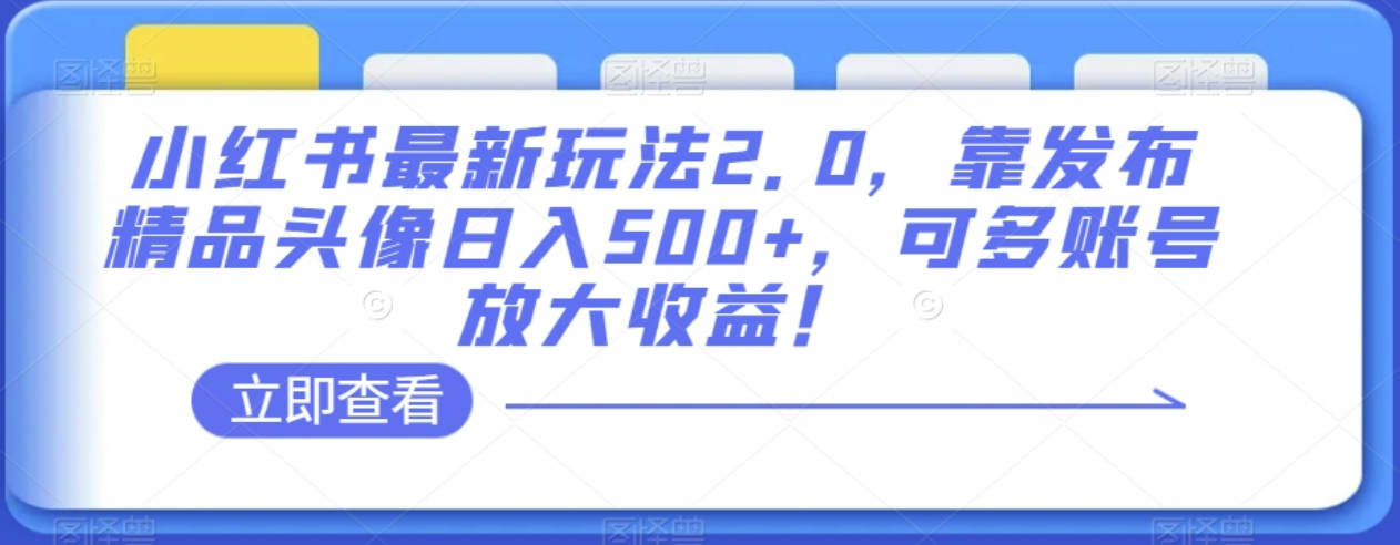 小红书最新玩法2.0，靠发布精品头像日入500+，可多账号放大收益！