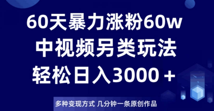 60天暴力涨粉60W，中视频另类玩法，日入3000＋，几分钟一条原创作品多种变现方式