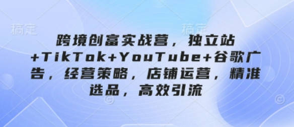 跨境创富实战营，独立站+TikTok+YouTube+谷歌广告，经营策略，店铺运营，精准选品，高效引流