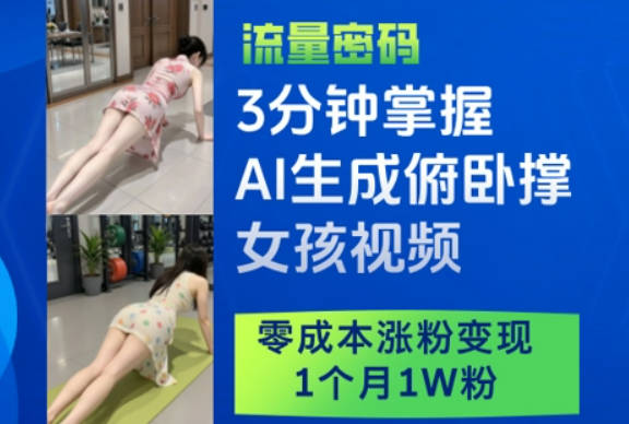 3分钟掌握AI生成俯卧撑女孩视频，零成本涨粉变现，1个月1W粉【揭秘】