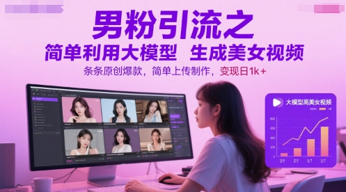 男粉引流之简单利用大模型生成美女视频，条条原创爆款，简单上传制作，变现日1k+