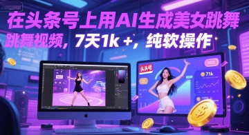 在头条号上用AI生成美女跳舞视频，7天1k+，纯软件操作