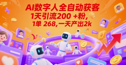 Ai数字人全自动获客，1天引流200+粉，1单 268，一天产出2k+