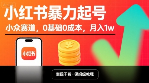 小红书暴力起号，小众赛道，0基础0成本，月入1w